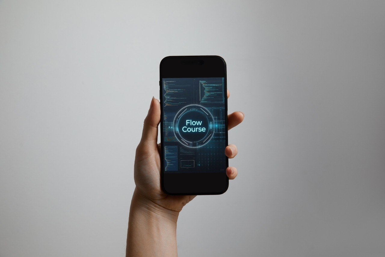 A hand holding a black smartphone against a plain light gray background. The phone screen displays a blue and black futuristic interface with the words 'Flow Course' in the center.