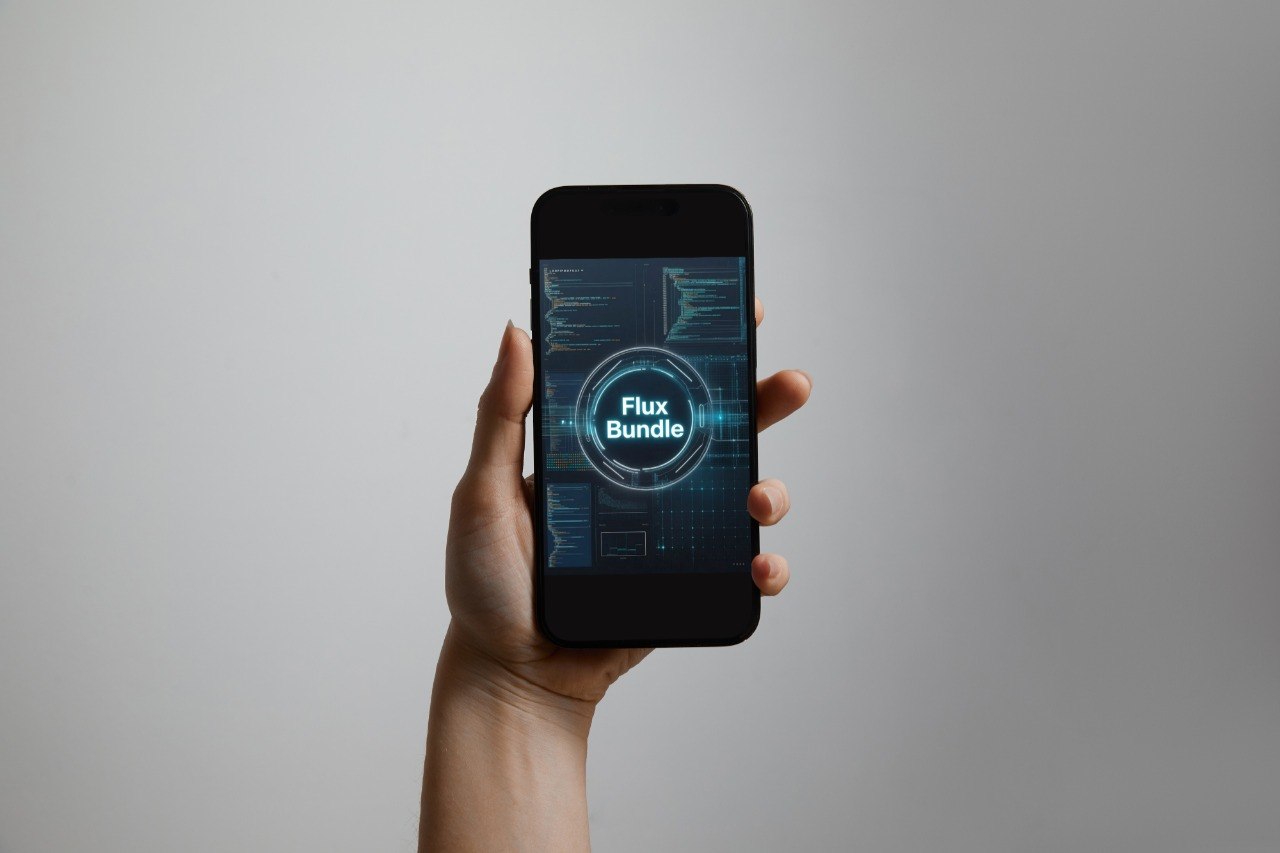 A hand holding a black smartphone against a plain light gray background. The phone screen displays a blue and black futuristic interface with the text 'Flux Bundle' in the center.