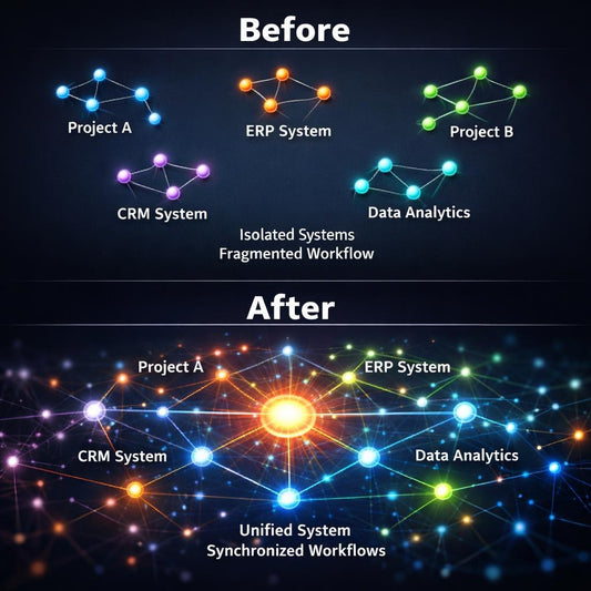Before-and-after comparison graphic showing fragmented isolated systems labeled Project A, ERP System, CRM System, and Data Analytics in the top half, versus a unified synchronized workflow network in the bottom half on a dark background.