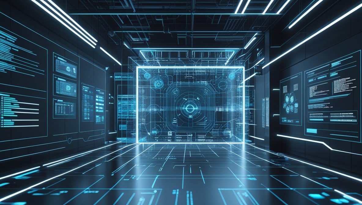 A futuristic digital corridor with glowing blue interface lines, holographic panels, and a central rectangular data frame in a dark cyberpunk environment.