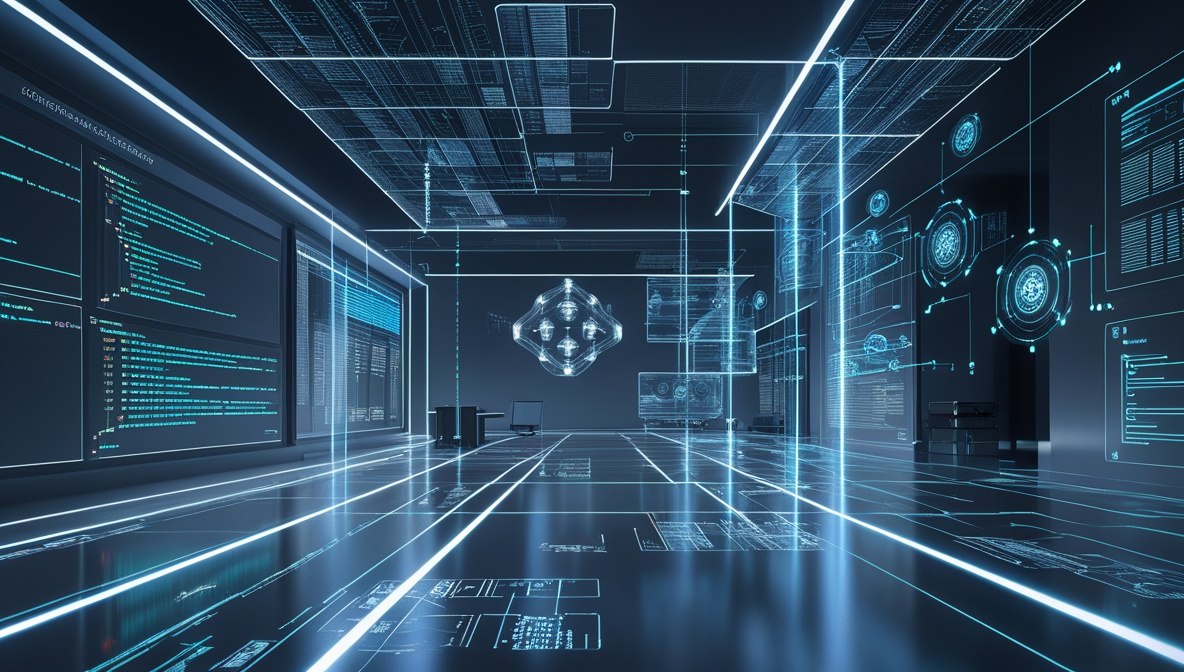 A futuristic digital rendering of a high-tech server room or control center, featuring glowing blue and cyan data lines, holographic interfaces, and illuminated panels on a dark background.