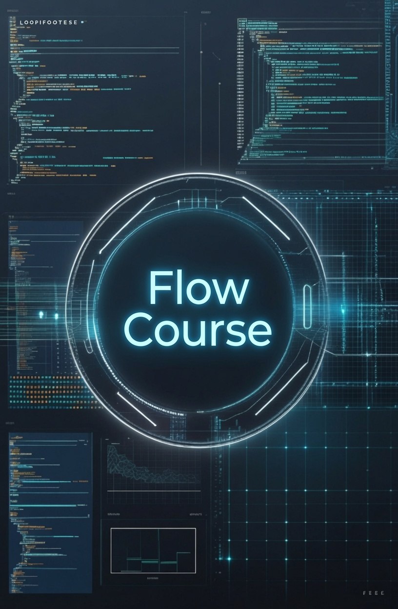 A digital graphic with the words 'Flow Course' in glowing cyan text inside a circular HUD-style frame, set against a dark tech background with code panels and interface lines.
