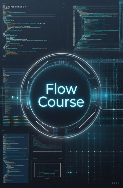 A digital graphic with the words 'Flow Course' in glowing cyan text inside a circular HUD-style frame, set against a dark tech background with code panels and interface lines.