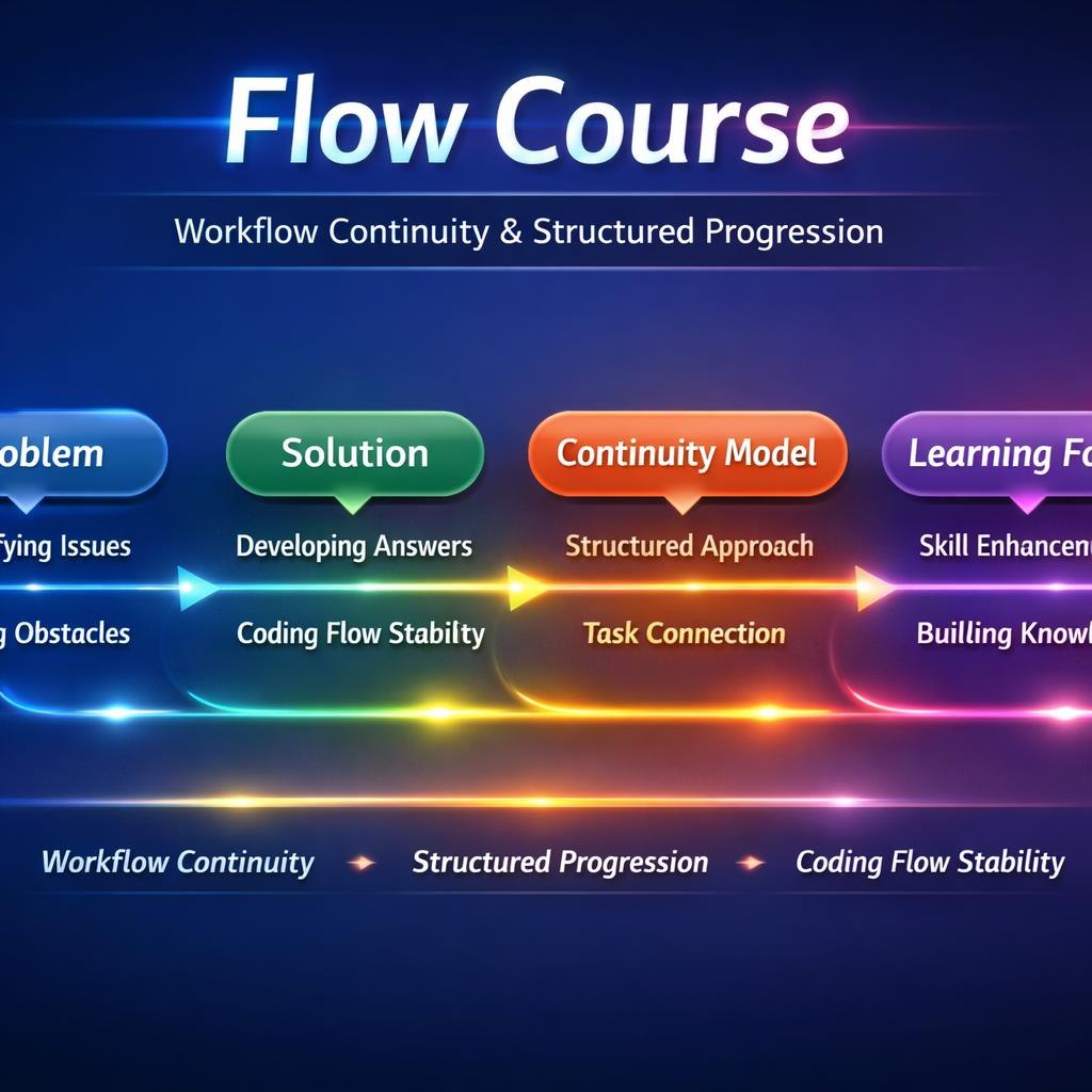 A digital infographic titled 'Flow Course' on a dark blue gradient background, outlining a workflow continuity and structured progression model with colorful labeled boxes and arrows.
