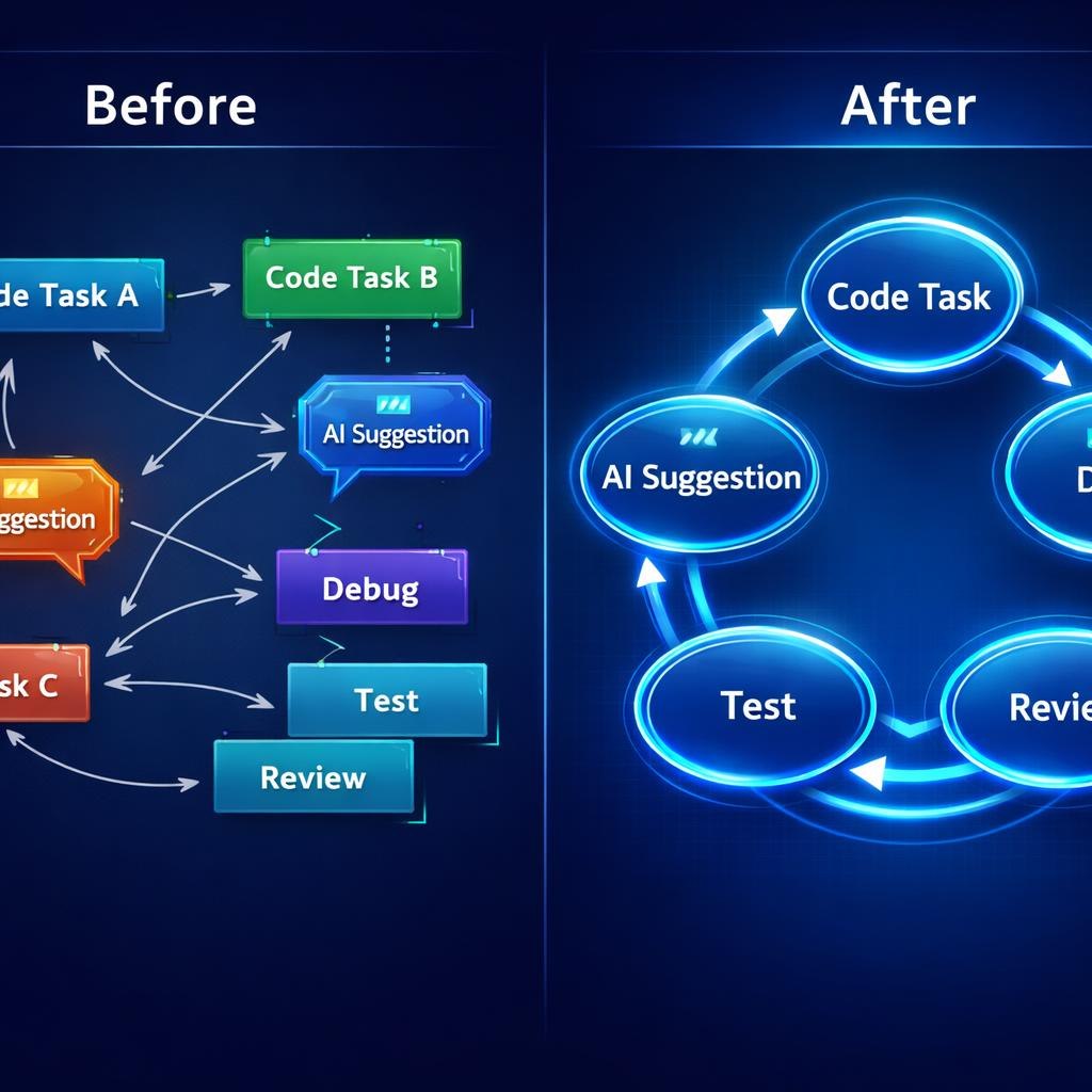 A digital infographic comparing a 'Before' manual workflow on the left and an automated 'After' circular workflow on the right, featuring glowing blue, green, purple, and orange elements on a dark blue background.