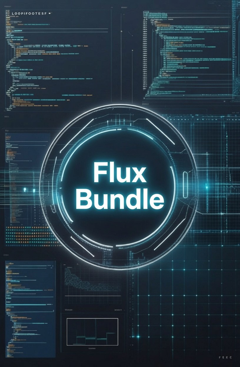 A digital cover graphic for a 'Flux Bundle' featuring a glowing circular interface in the center with the text 'Flux Bundle' in white, set against a dark futuristic tech background filled with glowing blue code and grid lines.