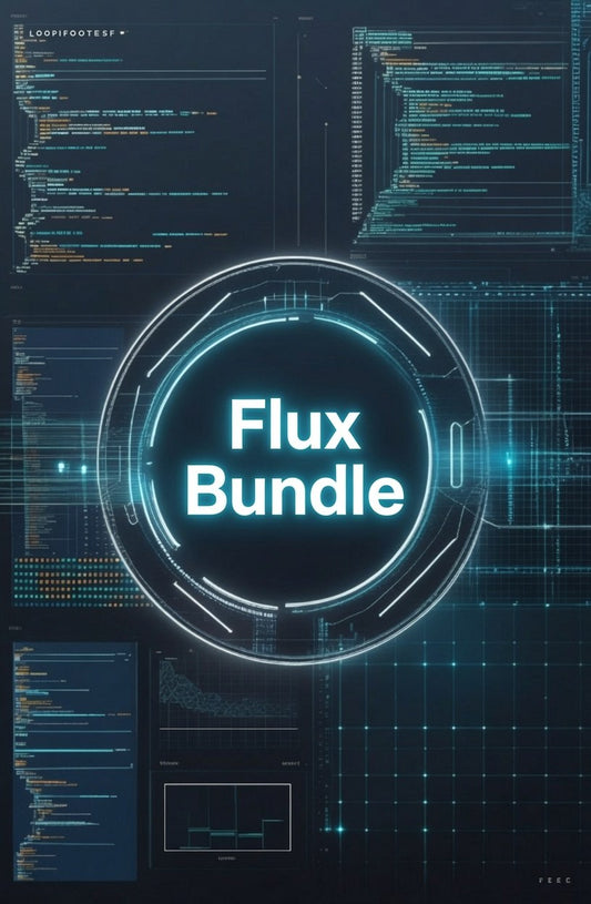 A digital cover graphic for a 'Flux Bundle' featuring a glowing circular interface in the center with the text 'Flux Bundle' in white, set against a dark futuristic tech background filled with glowing blue code and grid lines.