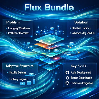 A digital infographic titled 'Flux Bundle' on a dark blue abstract background with glowing wave lines. The graphic is divided into four labeled sections: 'Problem', 'Solution', 'Adaptive Structure', and 'Key Skills', with bullet points describing workflow changes, iterative updates, flexible systems, and agile development, system optimization, and continuous integration.