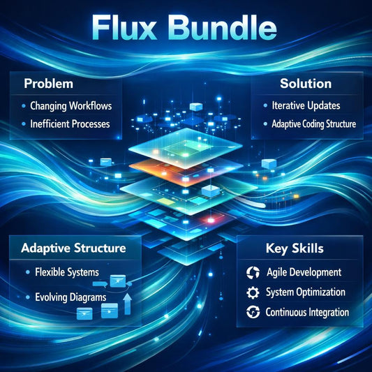 A digital infographic titled 'Flux Bundle' on a dark blue abstract background with glowing wave lines. The graphic is divided into four labeled sections: 'Problem', 'Solution', 'Adaptive Structure', and 'Key Skills', with bullet points describing workflow changes, iterative updates, flexible systems, and agile development, system optimization, and continuous integration.