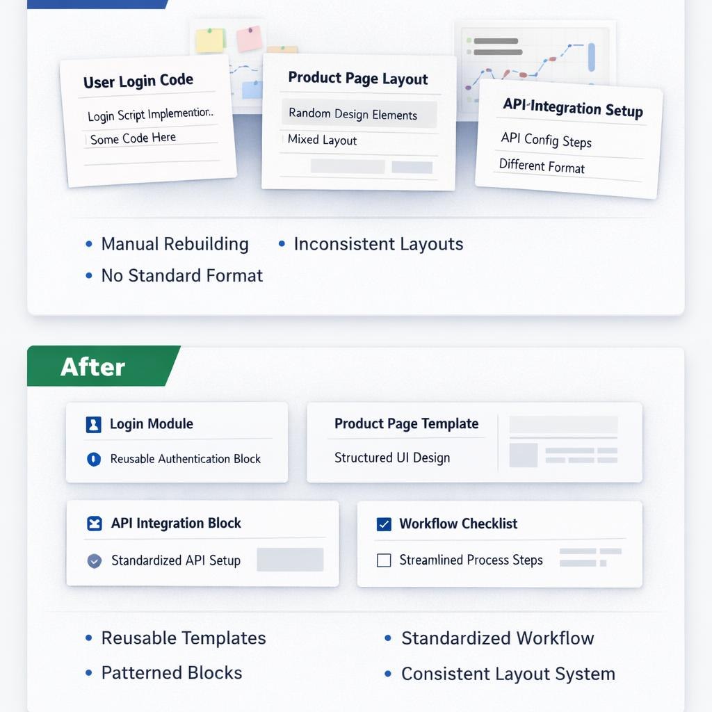 A digital comparison graphic showing a before-and-after layout for a software or website design service. The top section, labeled 'Before', displays messy, inconsistent code snippets and notes like 'User Login Code' and 'Product Page Layout'.