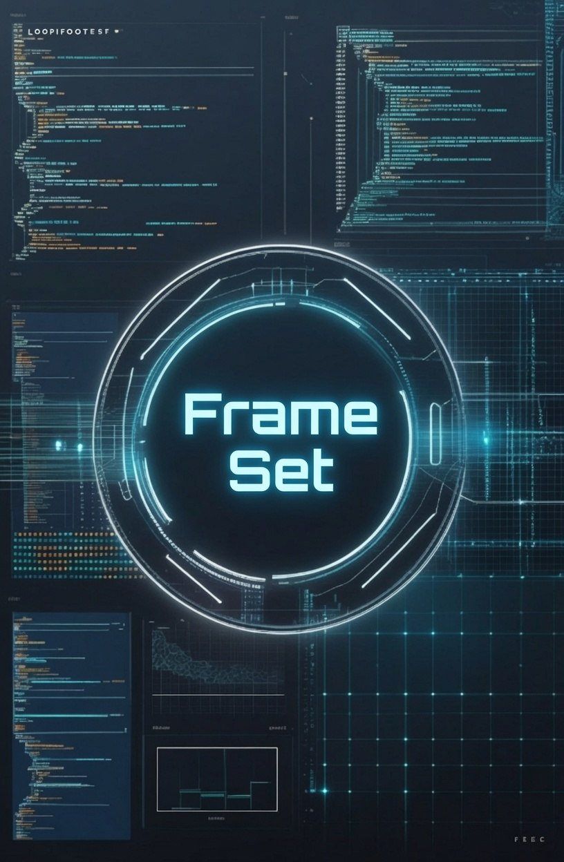 A digital graphic with the words 'Frame Set' in glowing cyan text inside a circular HUD-style frame, surrounded by dark blue code panels and technical interface elements.