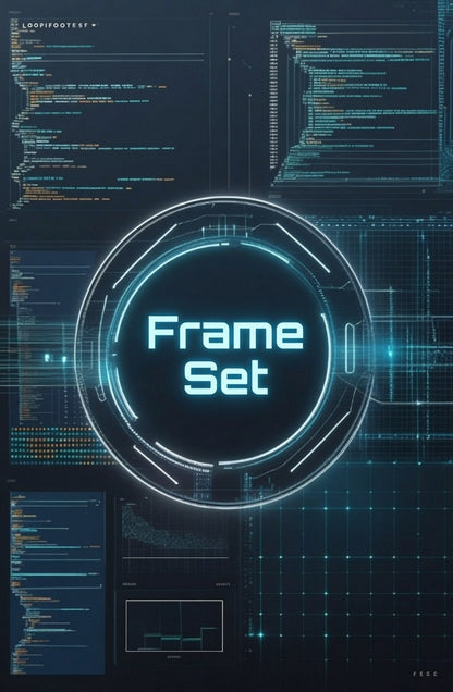 A digital graphic with the words 'Frame Set' in glowing cyan text inside a circular HUD-style frame, surrounded by dark blue code panels and technical interface elements.