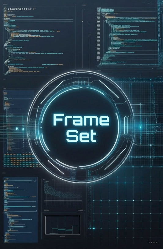A digital graphic with the words 'Frame Set' in glowing cyan text inside a circular HUD-style frame, surrounded by dark blue code panels and technical interface elements.
