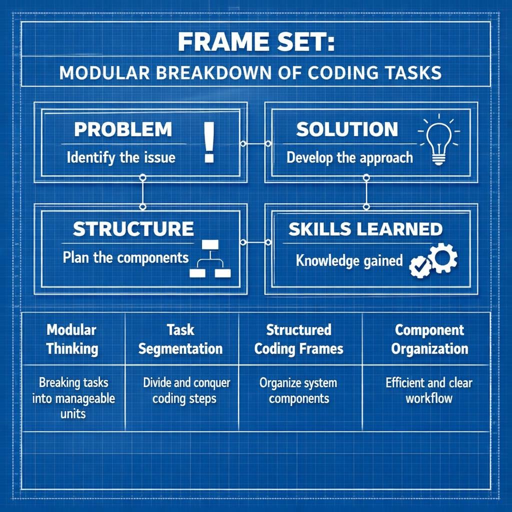 A blueprint-style educational graphic titled 'FRAME SET: MODULAR BREAKDOWN OF CODING TASKS' with four main boxes (Problem, Solution, Structure, Skills Learned) and four labeled columns below, all on a blue grid background.