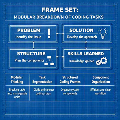 A blueprint-style educational graphic titled 'FRAME SET: MODULAR BREAKDOWN OF CODING TASKS' with four main boxes (Problem, Solution, Structure, Skills Learned) and four labeled columns below, all on a blue grid background.