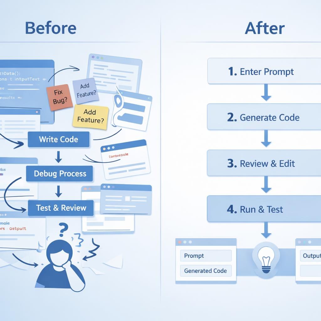 A digital infographic comparing a traditional debugging workflow labeled 'Before' with a streamlined AI-assisted workflow labeled 'After'. The 'Before' section shows various blue computer windows, sticky notes, and a frustrated person icon, while the 'After' section displays a four-step process: Enter Prompt, Generate Code, Review & Edit, and Run & Test.