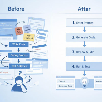 A digital infographic comparing a traditional debugging workflow labeled 'Before' with a streamlined AI-assisted workflow labeled 'After'. The 'Before' section shows various blue computer windows, sticky notes, and a frustrated person icon, while the 'After' section displays a four-step process: Enter Prompt, Generate Code, Review & Edit, and Run & Test.