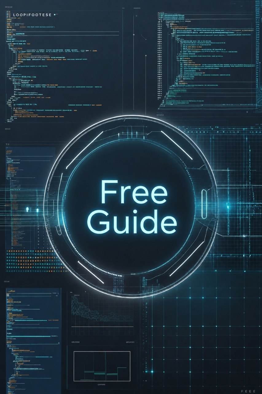 A digital cover graphic with the words 'Free Guide' in glowing cyan text inside a futuristic circular frame, set against a dark tech-style background with code panels and blue grid lines.