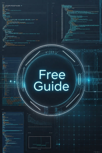A digital cover graphic with the words 'Free Guide' in glowing cyan text inside a futuristic circular frame, set against a dark tech-style background with code panels and blue grid lines.