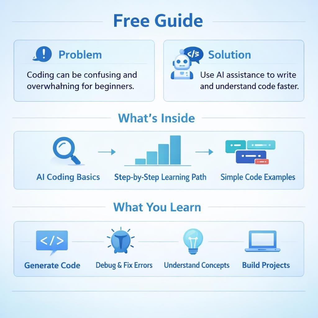 An infographic titled 'Free Guide' with blue text on a pale blue background, divided into sections: 'Problem' and 'Solution' at the top, 'What's Inside' in the middle, and 'What You Learn' at the bottom, using simple icons and short labels.
