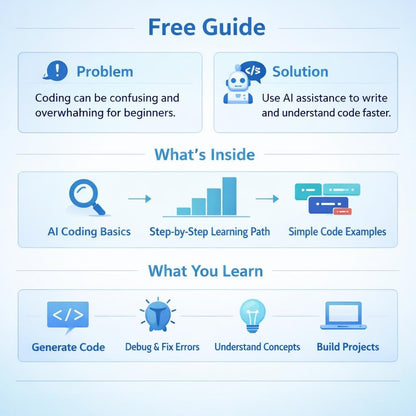 An infographic titled 'Free Guide' with blue text on a pale blue background, divided into sections: 'Problem' and 'Solution' at the top, 'What's Inside' in the middle, and 'What You Learn' at the bottom, using simple icons and short labels.
