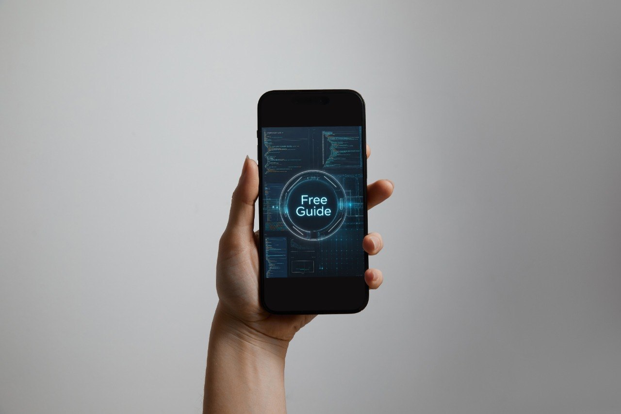A hand holding a black smartphone against a plain light gray background. The phone screen displays a futuristic blue digital interface with the words 'Free Guide' in the center.