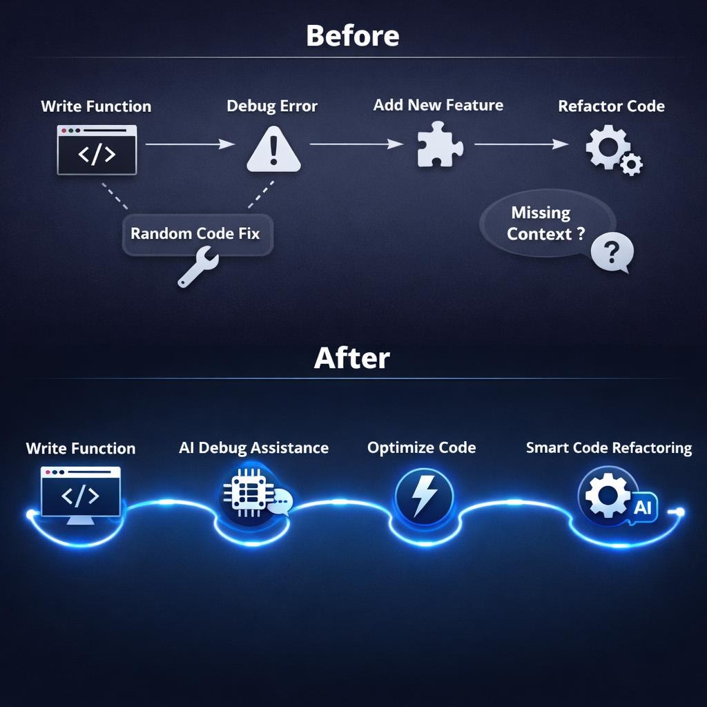 A dark promotional infographic comparing a traditional workflow labeled 'Before' with an AI-assisted workflow labeled 'After'. The top section shows steps like Write Function, Debug Error, Add New Feature, and Refactor Code, with a 'Random Code Fix' wrench icon.