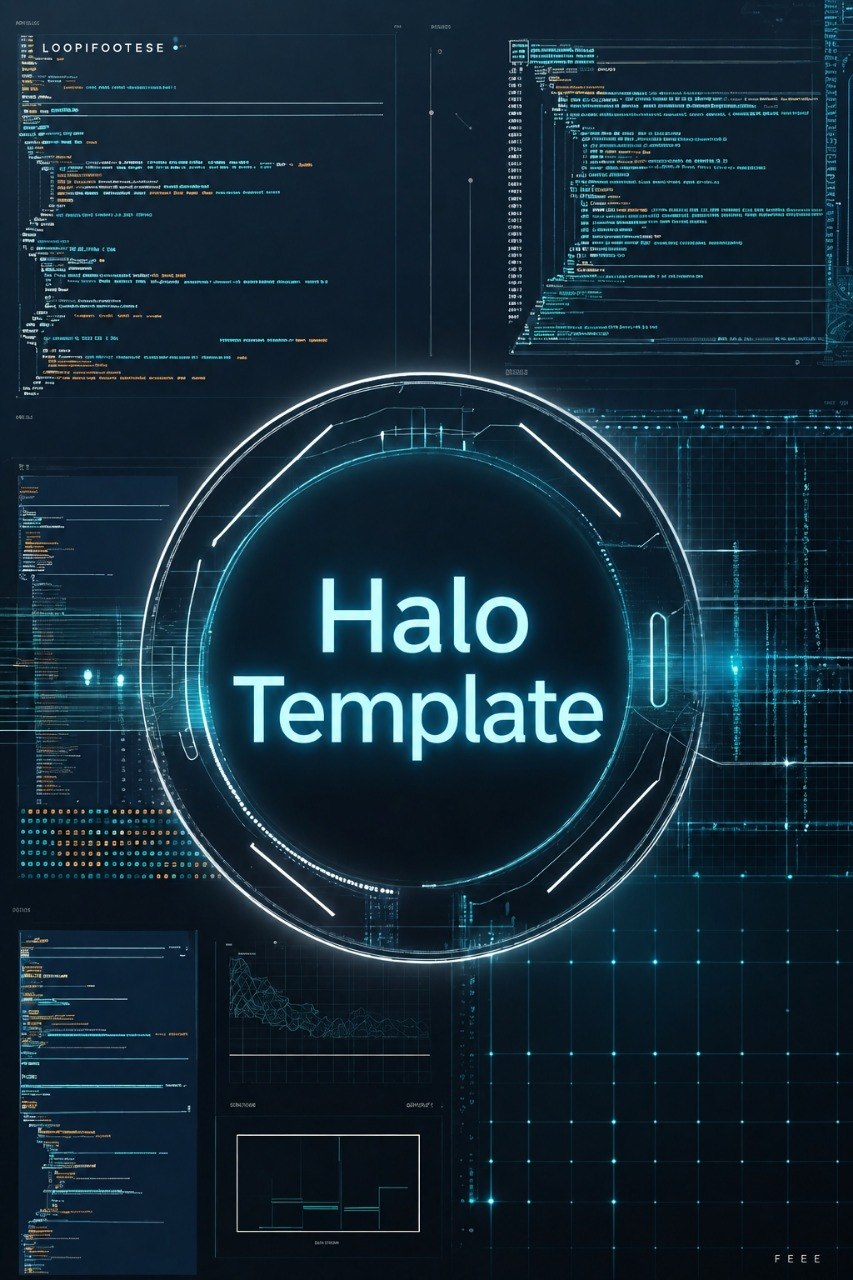 A digital graphic template with a futuristic circular interface in the center containing the text 'Halo Template' in glowing cyan lettering, set against a dark tech background filled with code panels, grids, and glowing blue lines.