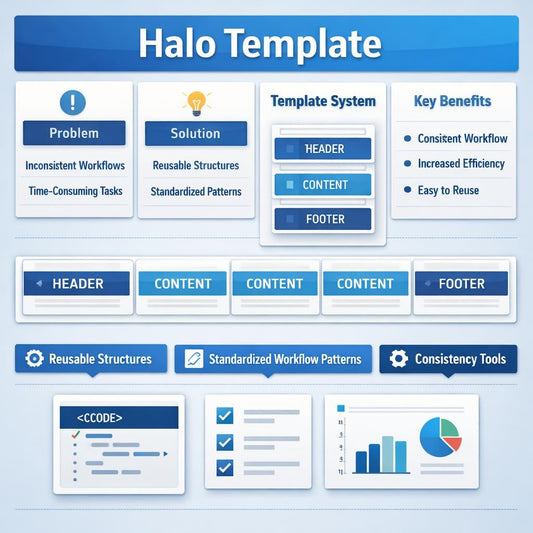 A digital infographic titled 'Halo Template' with blue and white panels showing template system components, key benefits, reusable structures, and chart examples.