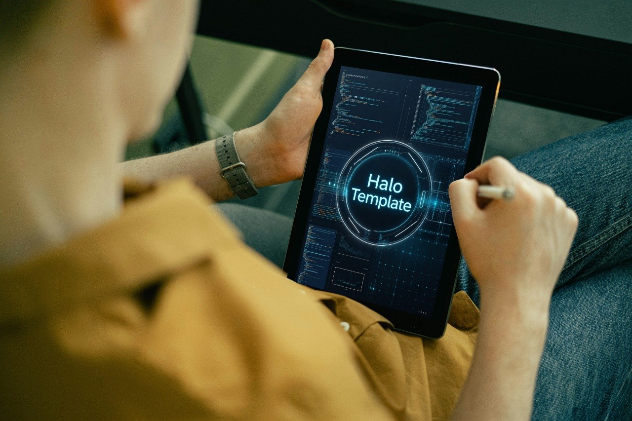 A person in a tan shirt and blue jeans holds a tablet showing a digital interface labeled 'Halo Template' while using a stylus.