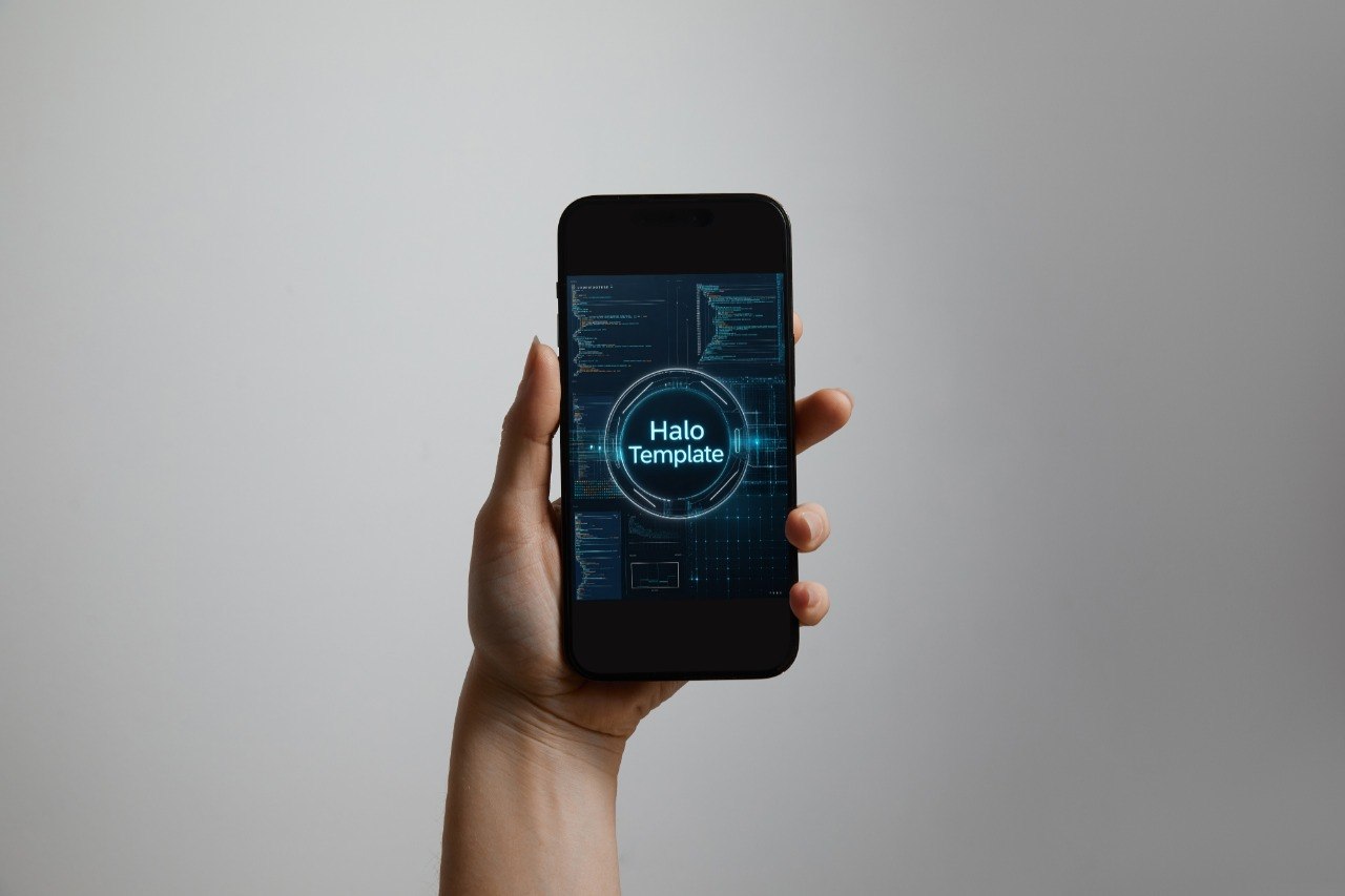 A hand holding a black smartphone against a plain light gray background. The phone screen displays a futuristic blue digital interface with the text 'Halo Template' in the center.