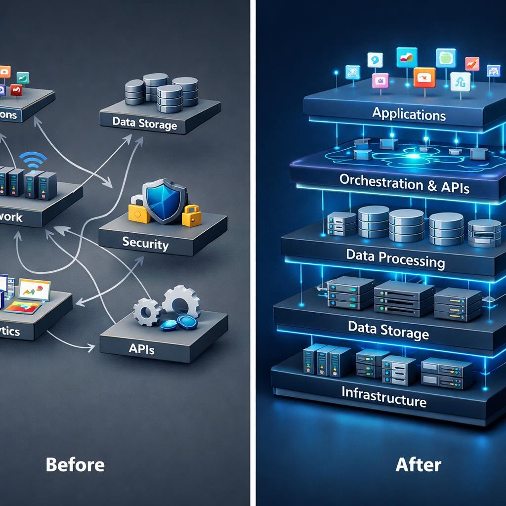 A side-by-side comparison graphic labeled 'Before' on the left and 'After' on the right, showing a dark tech architecture diagram with labeled layers such as Applications, Orchestration & APIs, Data Processing, Data Storage, and Infrastructure. The left side is sparse and partially cropped, while the right side is fully visible and more detailed, with glowing blue interface icons and layered server blocks.