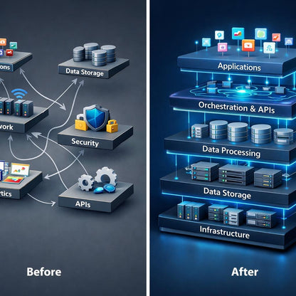 A side-by-side comparison graphic labeled 'Before' on the left and 'After' on the right, showing a dark tech architecture diagram with labeled layers such as Applications, Orchestration & APIs, Data Processing, Data Storage, and Infrastructure. The left side is sparse and partially cropped, while the right side is fully visible and more detailed, with glowing blue interface icons and layered server blocks.