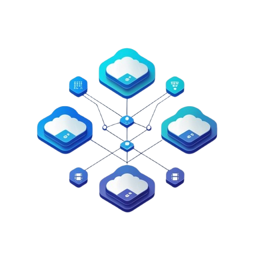 A digital vector illustration of a cloud network diagram, featuring five blue and teal cloud icons connected by lines to central blue nodes on a plain white background.