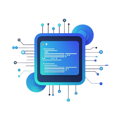 A stylized digital illustration of a blue and cyan microchip or processor icon with abstract circuit lines and dots on a plain white background.