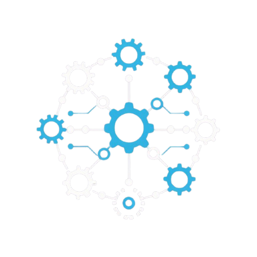 A digital graphic illustration of a central blue gear connected to several smaller blue and light gray gears in a network layout on a white background.