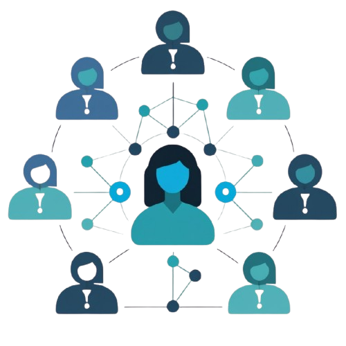 A flat vector illustration of a business network, featuring a central teal user icon surrounded by eight other user icons in shades of blue, teal, and navy, connected by thin lines and dots on a white background.