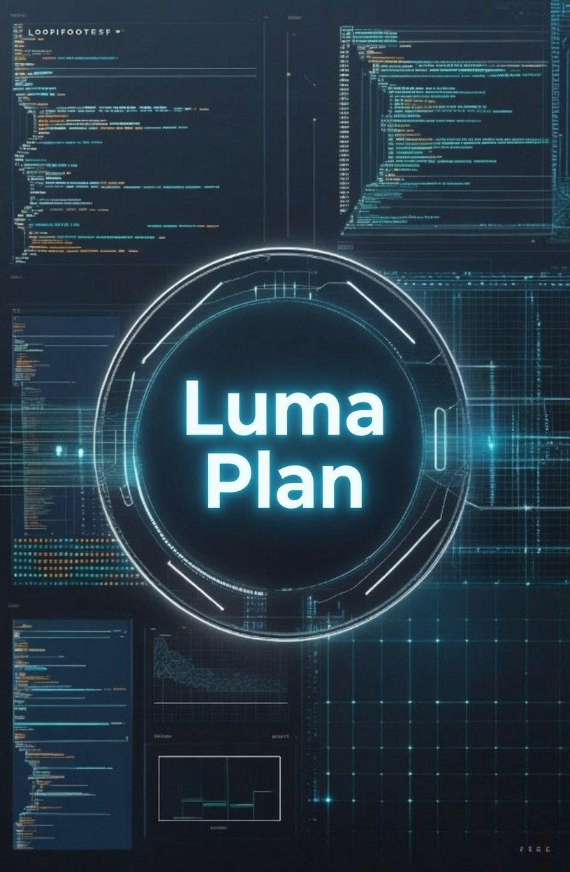 A futuristic digital cover design featuring the text 'Luma Plan' in glowing white and cyan inside a circular HUD-style frame, set against a dark tech background with code panels and grid lines.
