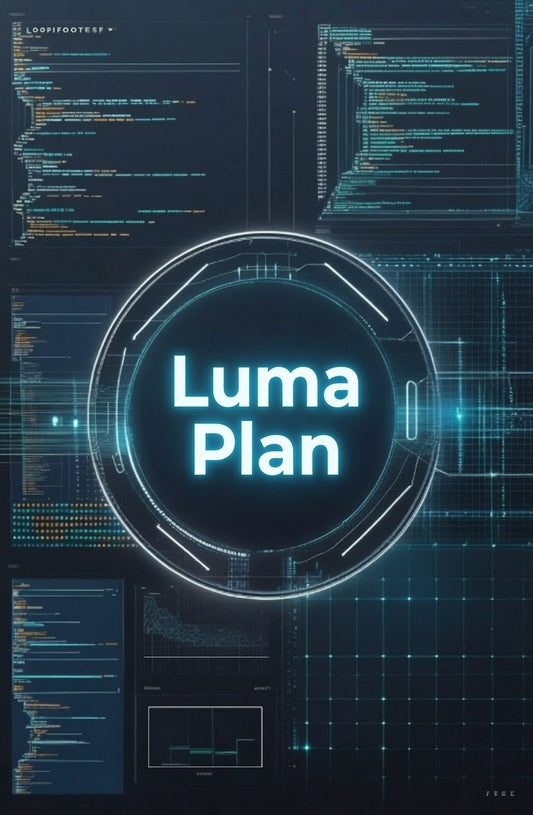 A futuristic digital cover design featuring the text 'Luma Plan' in glowing white and cyan inside a circular HUD-style frame, set against a dark tech background with code panels and grid lines.