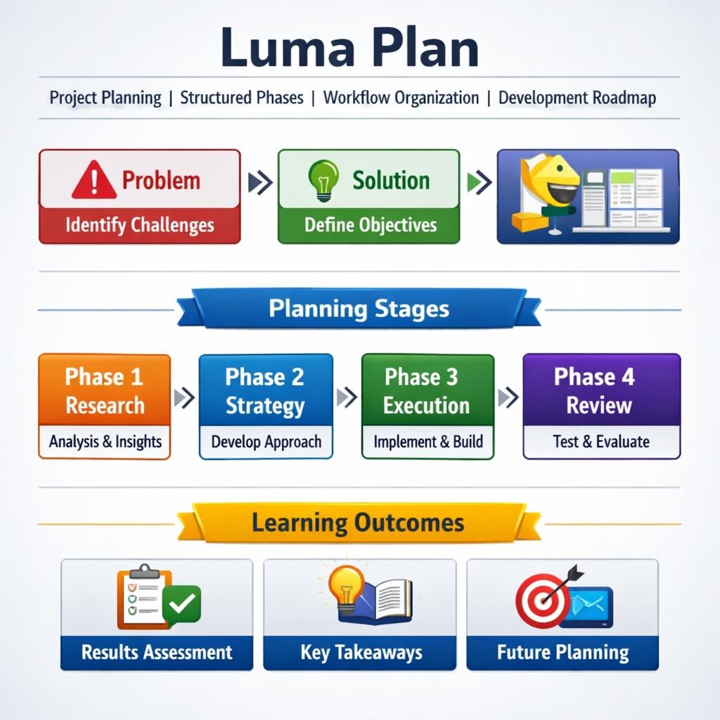 An infographic titled 'Luma Plan' showing a development roadmap with icons and labels for problem identification, solution definition, planning stages, and learning outcomes on a light gray background.