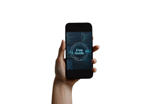 A hand holding a black smartphone against a plain white background. The phone screen displays a futuristic blue digital interface with the text 'Free Guide' in the center.