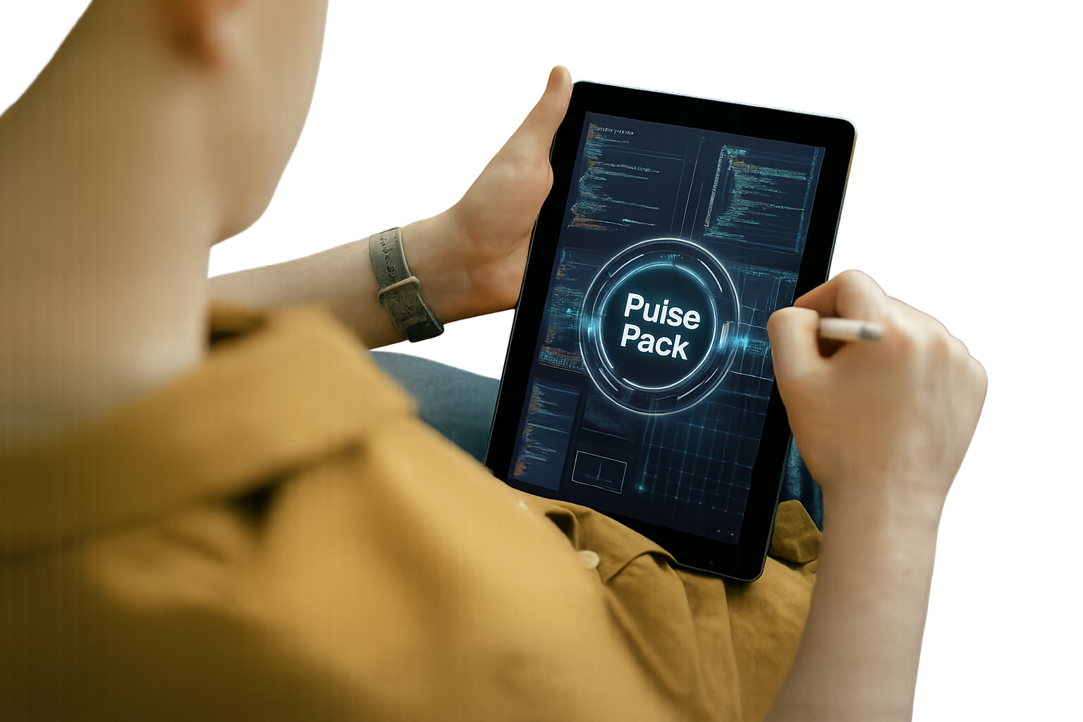A person in a tan shirt holds a tablet displaying a futuristic dark blue interface with the words 'Pulse Pack' and uses a stylus, shown from an over-the-shoulder angle against a white background.