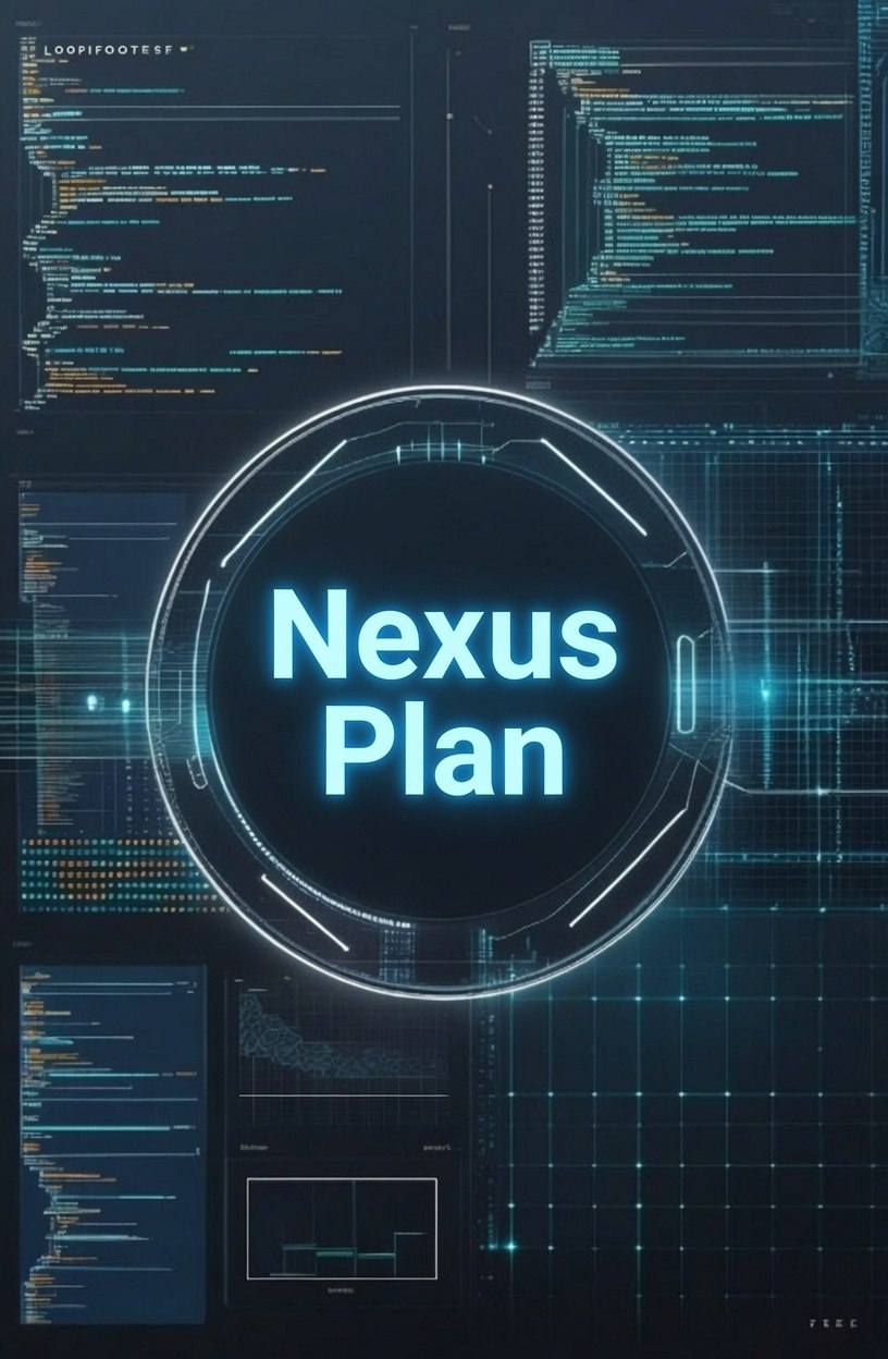 A digital cover design featuring the text 'Nexus Plan' in glowing cyan lettering inside a futuristic circular frame, set against a dark tech-themed background with code snippets and grid lines.
