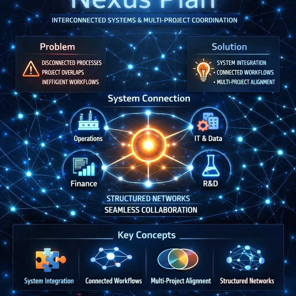 A digital infographic titled 'Nexus Plan' showing a dark blue network diagram with glowing nodes and lines. The layout contrasts 'Problem' (disconnected processes, project overlaps, inefficient workflows) with 'Solution' (system integration, connected workflows, multi-project alignment) under the heading 'System Connection'.