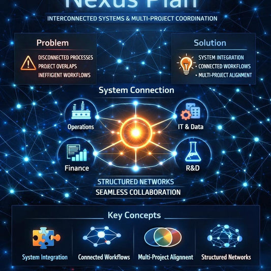 A digital infographic titled 'Nexus Plan' showing a dark blue network diagram with glowing nodes and lines. The layout contrasts 'Problem' (disconnected processes, project overlaps, inefficient workflows) with 'Solution' (system integration, connected workflows, multi-project alignment) under the heading 'System Connection'.