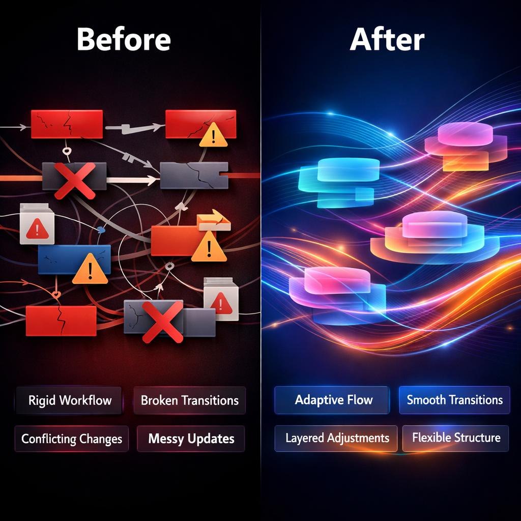 A side-by-side comparison graphic labeled 'Before' and 'After' showing a chaotic red, gray, and yellow diagram on the left versus a smooth, glowing multicolor abstract flow on the right. Text at the bottom lists issues like 'Rigid Workflow', 'Broken Transitions', and 'Messy Updates' on the left, and 'Adaptive Flow', 'Smooth Transitions', and 'Flexible Structure' on the right.