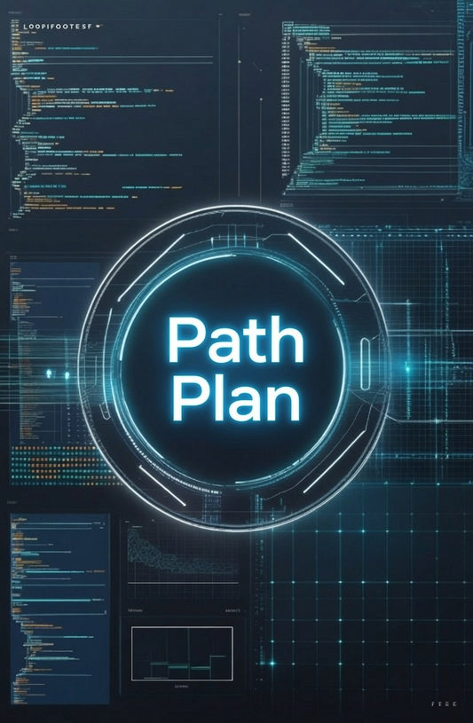 A digital graphic with the words 'Path Plan' in glowing white text inside a circular futuristic interface, surrounded by dark blue and cyan code panels and grid lines.