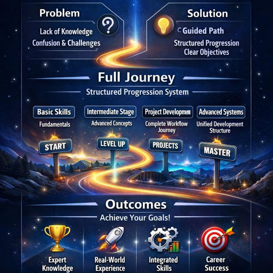 An infographic-style poster titled 'Full Journey' showing a glowing winding path from 'Problem' at the top left to 'Solution' at the top right, with labeled stages 'Basic Skills,' 'Intermediate Stage,' 'Project Developer,' 'Advanced Systems,' and 'Outcomes' at the bottom. The background is a starry night sky with mountains and a glowing road.