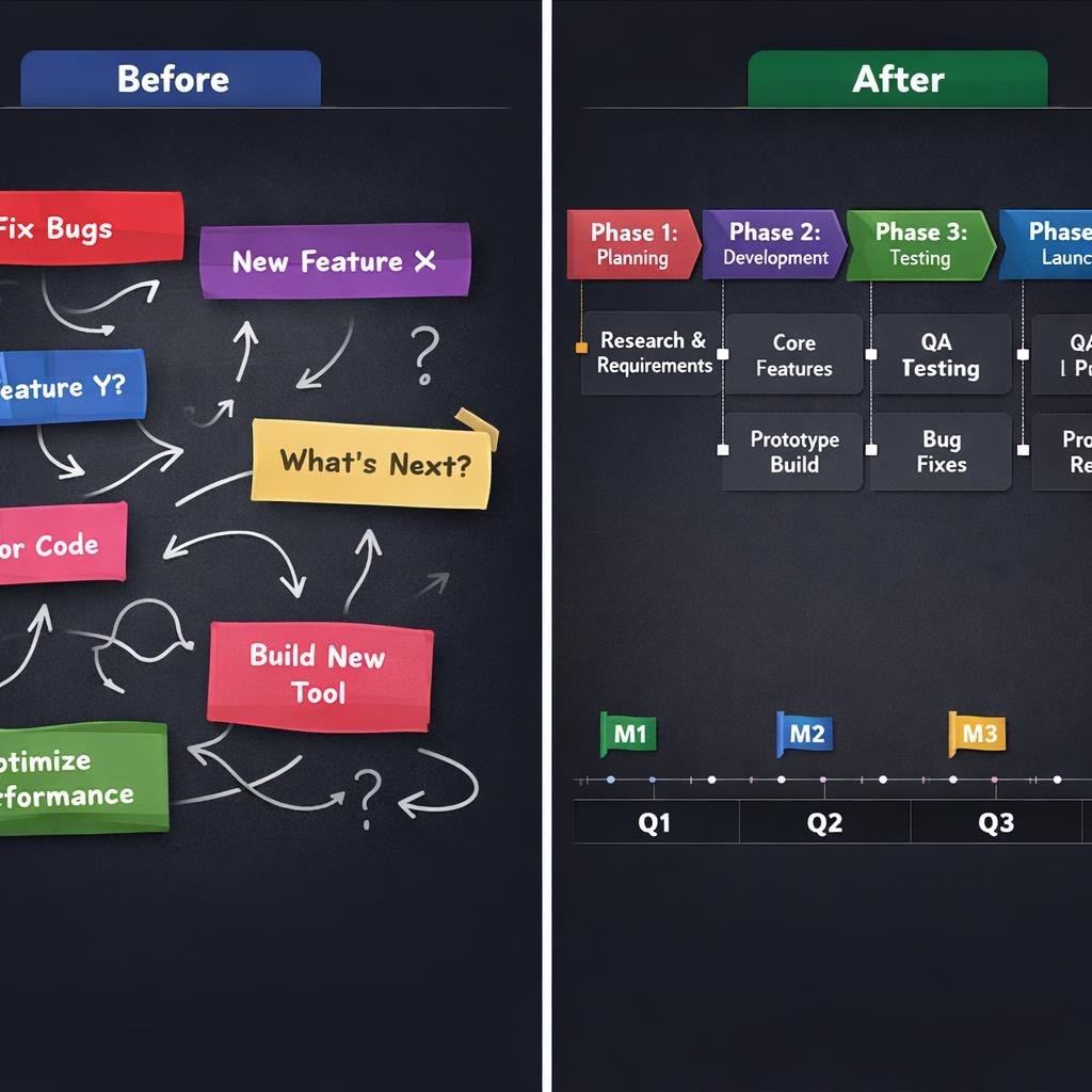 A split-screen comparison showing a software workflow labeled 'Before' on the left and 'After' on the right, with colorful sticky notes and task boxes on a dark background.