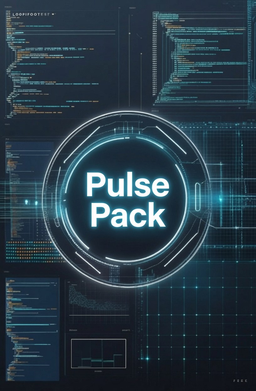 A digital graphic with the words 'Pulse Pack' centered inside a glowing circular interface on a dark tech-style background filled with code panels and neon blue lines.